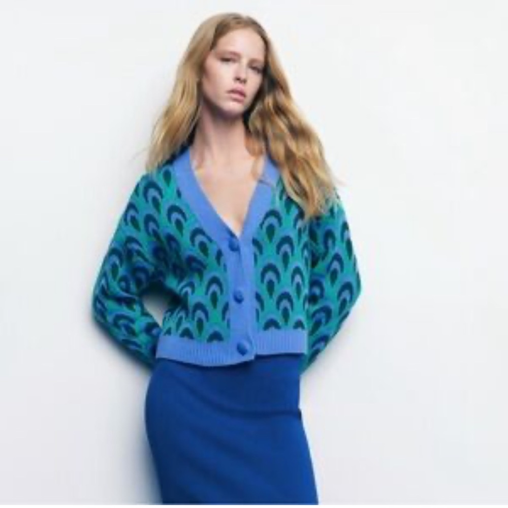 Zara cotton SCALE PATTERN KNITTED CARDIGAN